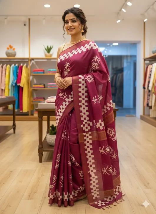 Semi Tussar Silk Saree with Authentic Batik Print – Elegant & Artisanal Drape